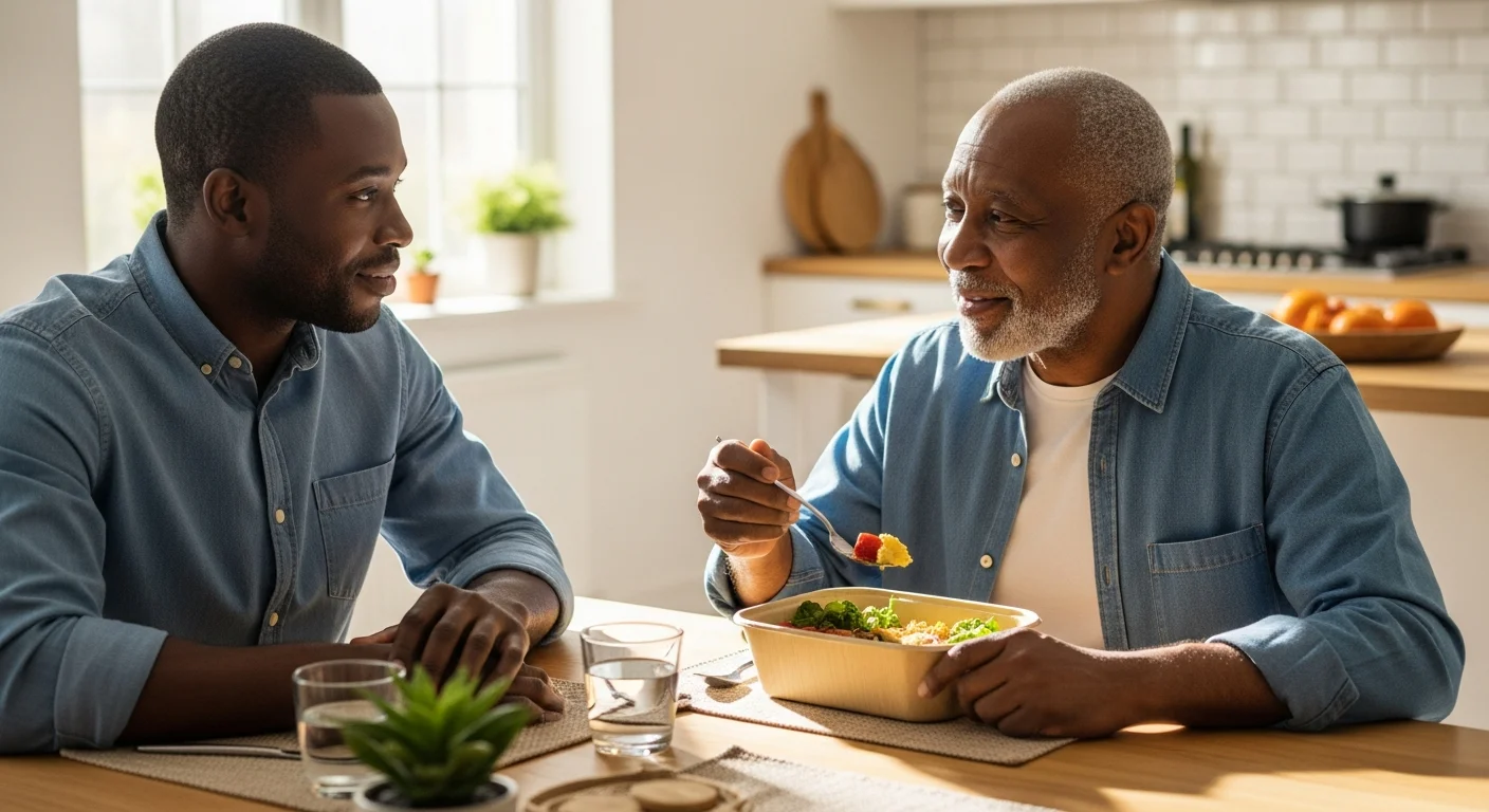 Son helping elderly father with healthy meal