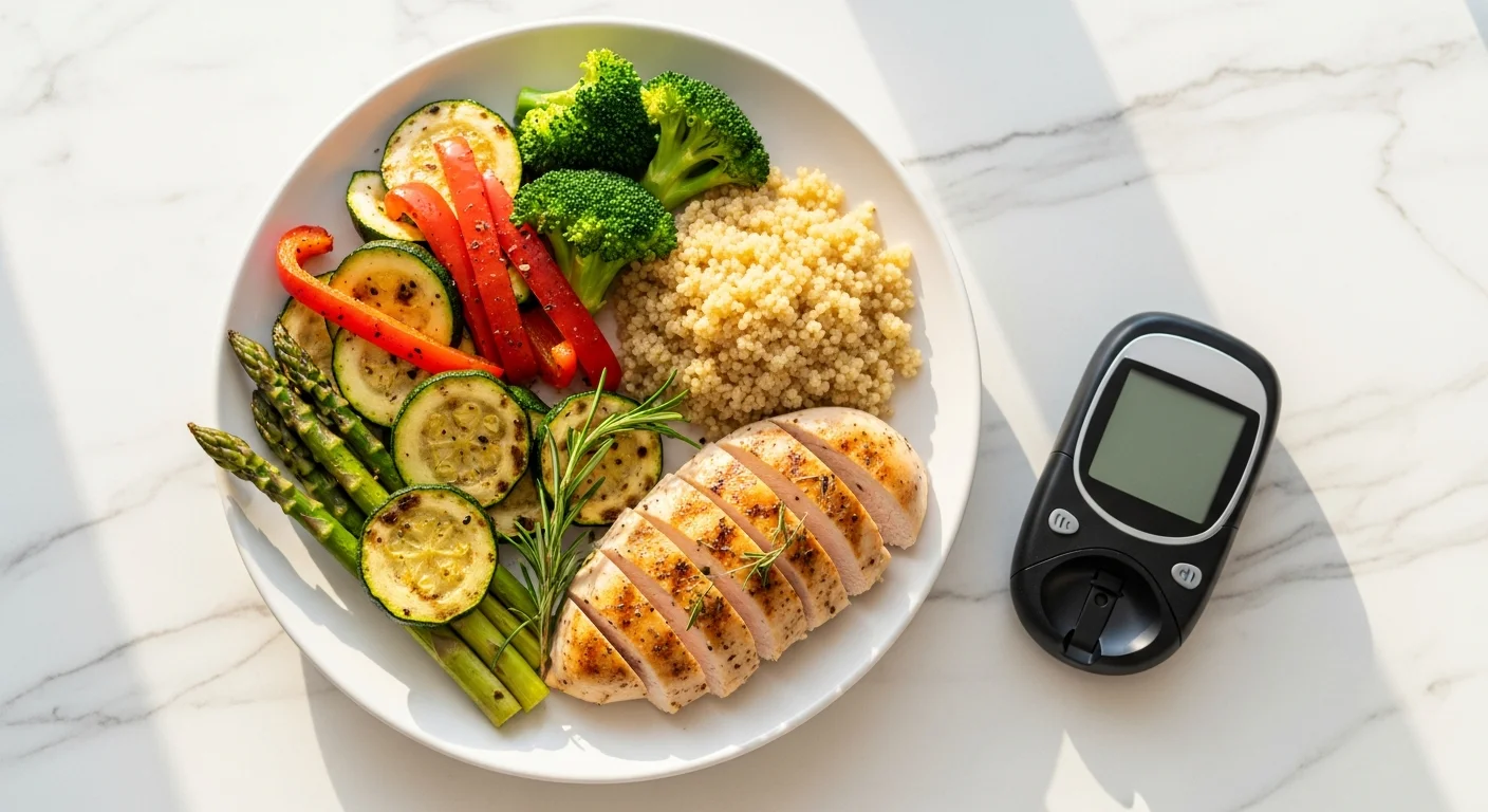 Diabetes-friendly meal with blood glucose monitor