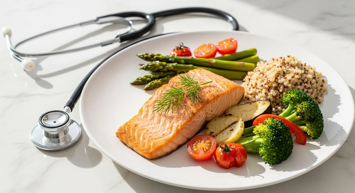 Physician reviewing meal plan with prepared meal