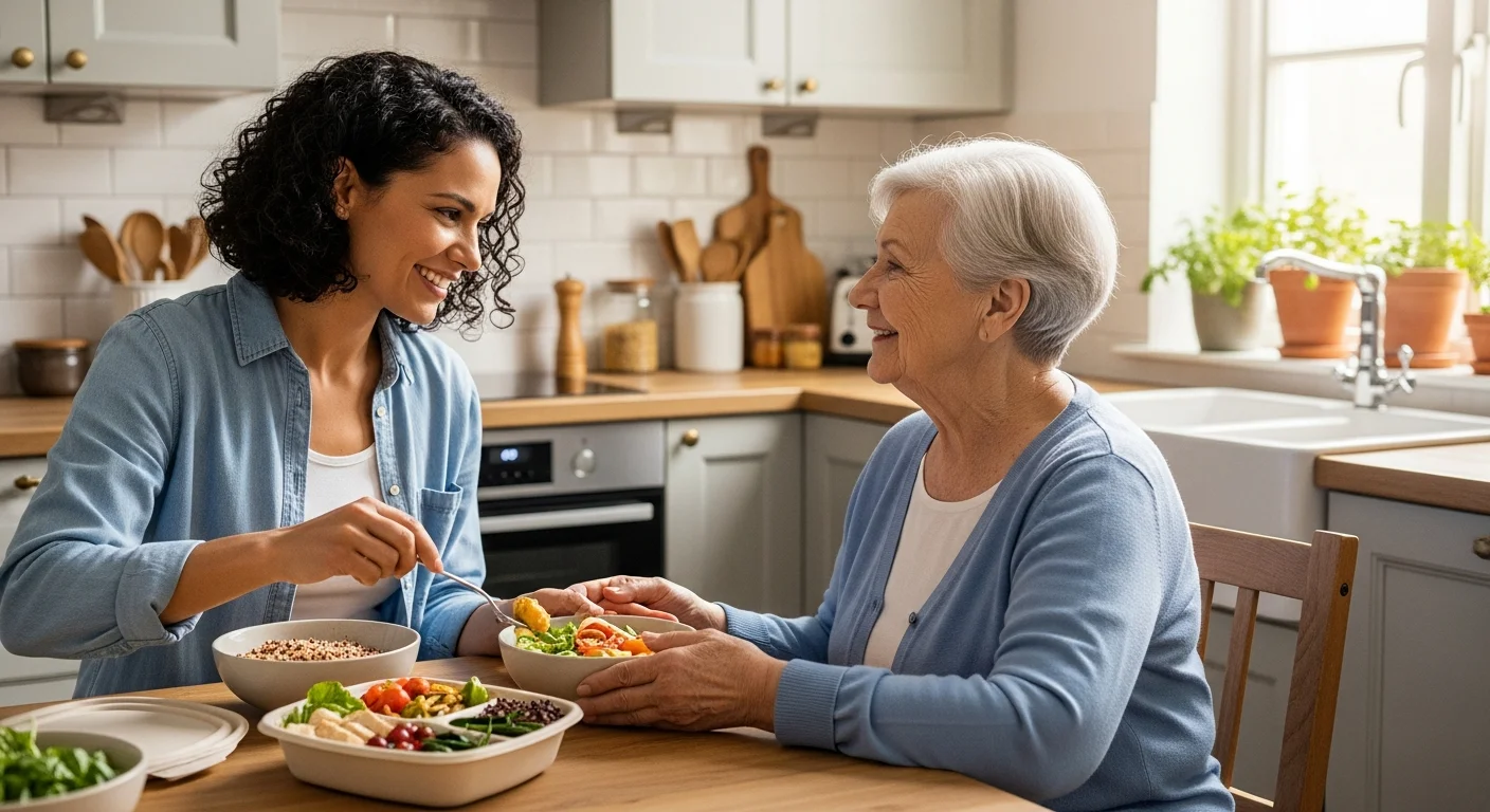 Adult child helping aging parent with a healthy meal